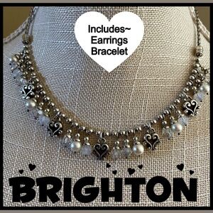 💒BRIGHTON NECKLACE EARRINGS BRACELETS MATCHING 3 Pc SET ~ PEARL CRYSTAL